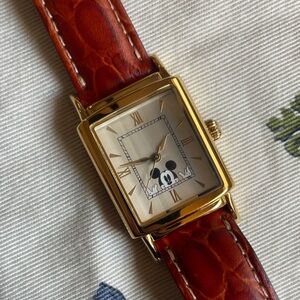 Vintage Disney Mickey Mouse Gold Rectangular Watch with Brown Leather Strap